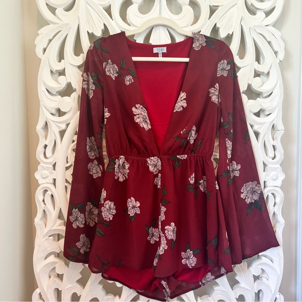 Tobi Wine Floral Long Bell-Sleeve Deep-V Romper